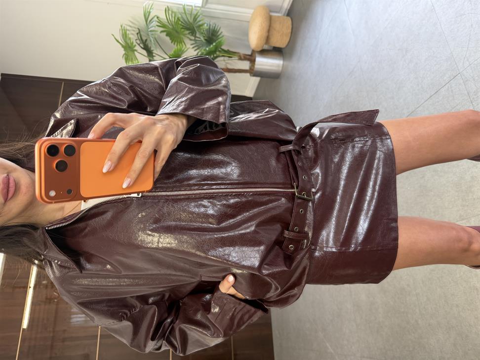 Bordo Deri Etekli Ceket Takım