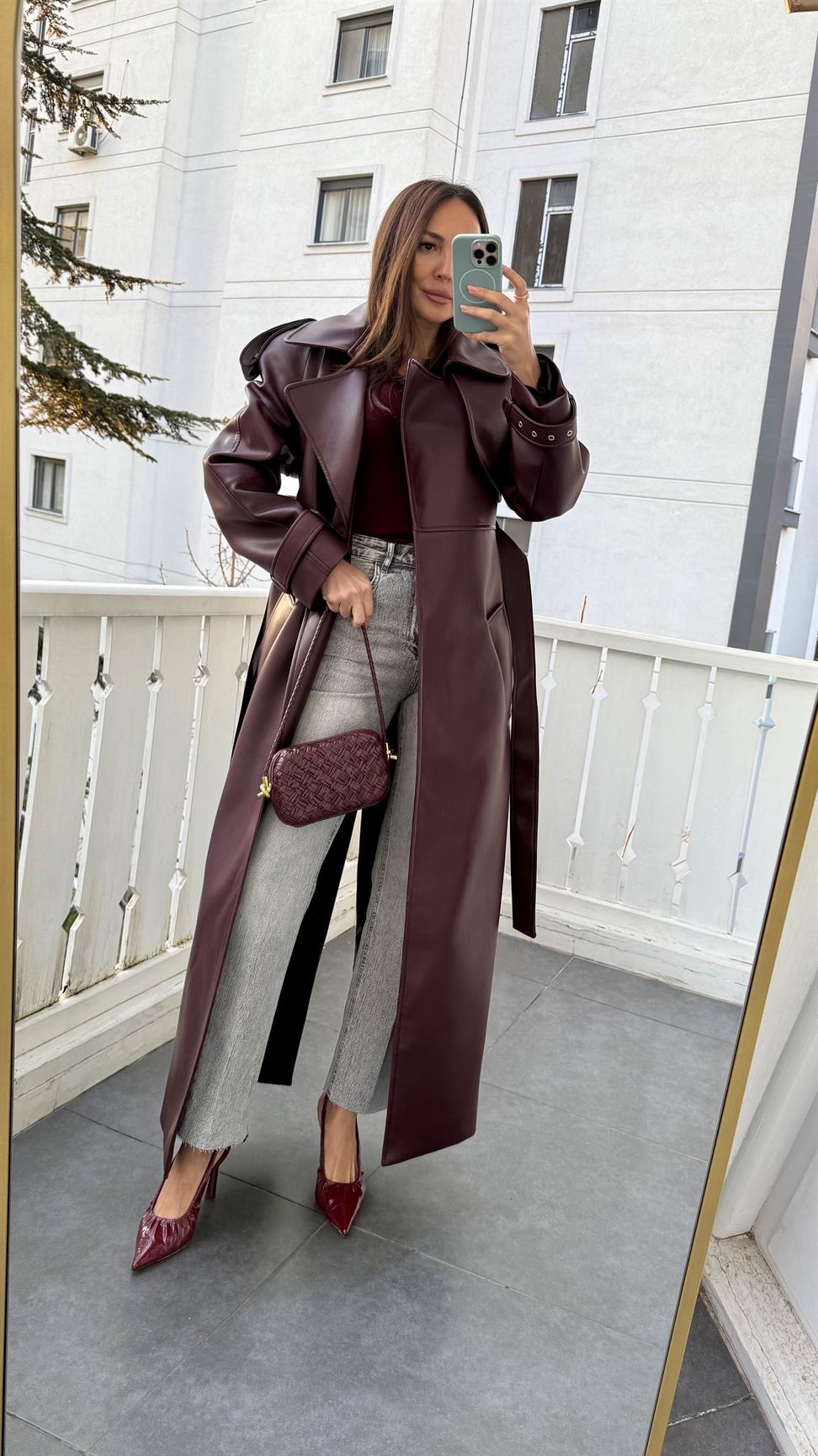 Bordo Deri Trençkot