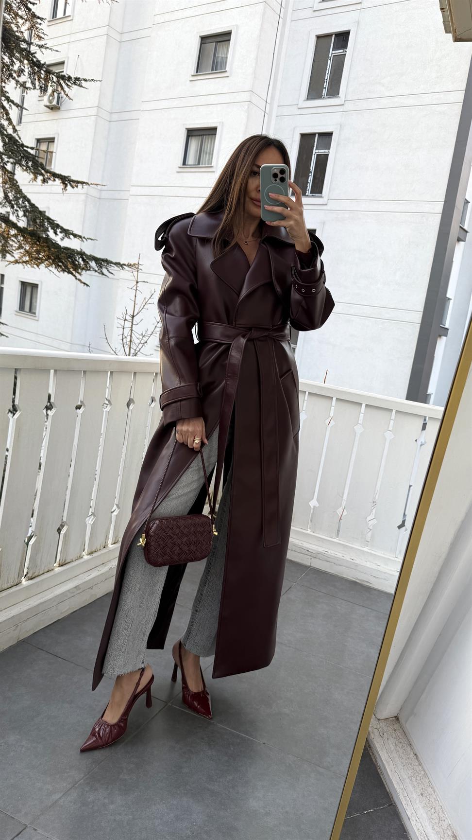 Bordo Deri Trençkot