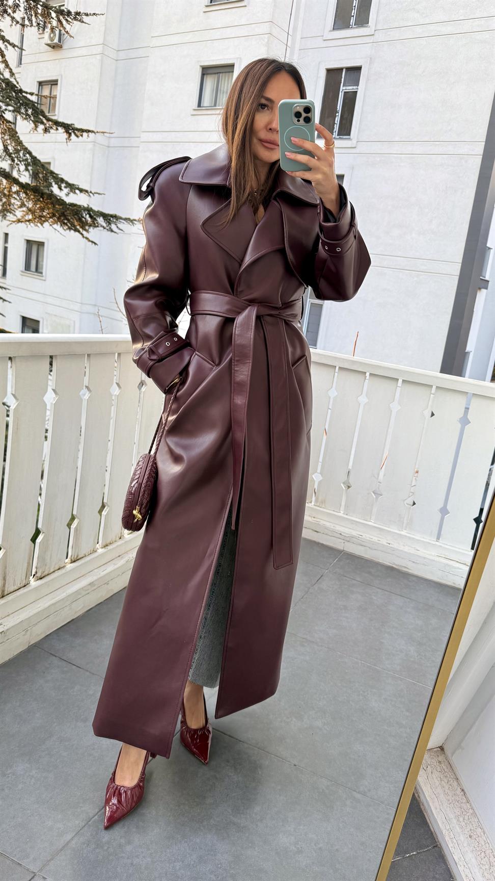 Bordo Deri Trençkot