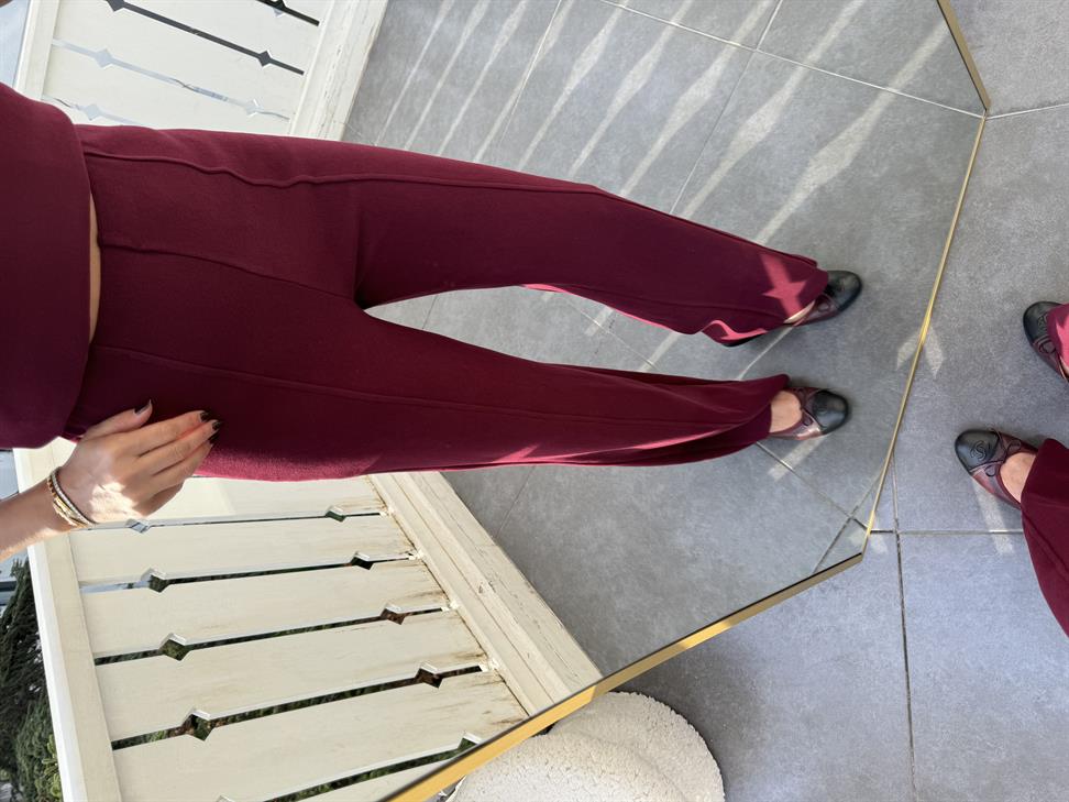 Bordo Dik Yaka Kolsuz Triko ve Pantolon Takım