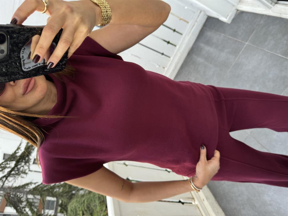 Bordo Dik Yaka Kolsuz Triko ve Pantolon Takım