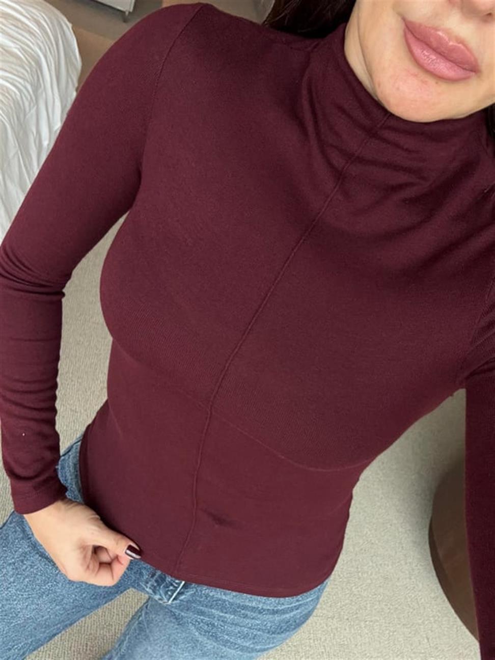 Bordo Dik Yaka Uzun Kollu Top