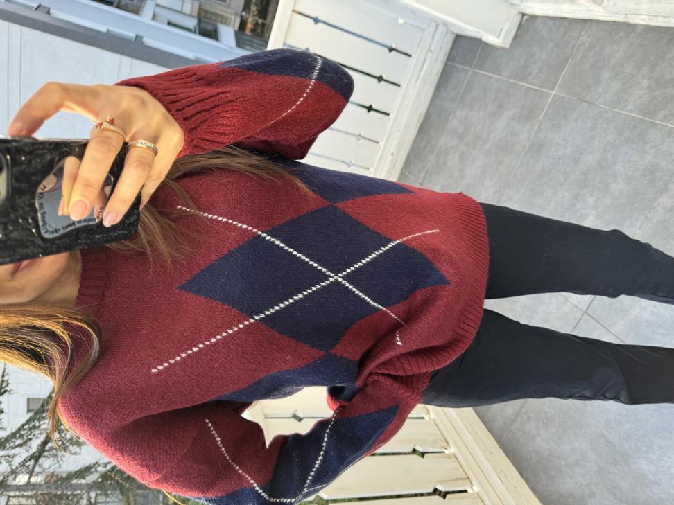 Bordo Dikdörtgen Desen Kazak