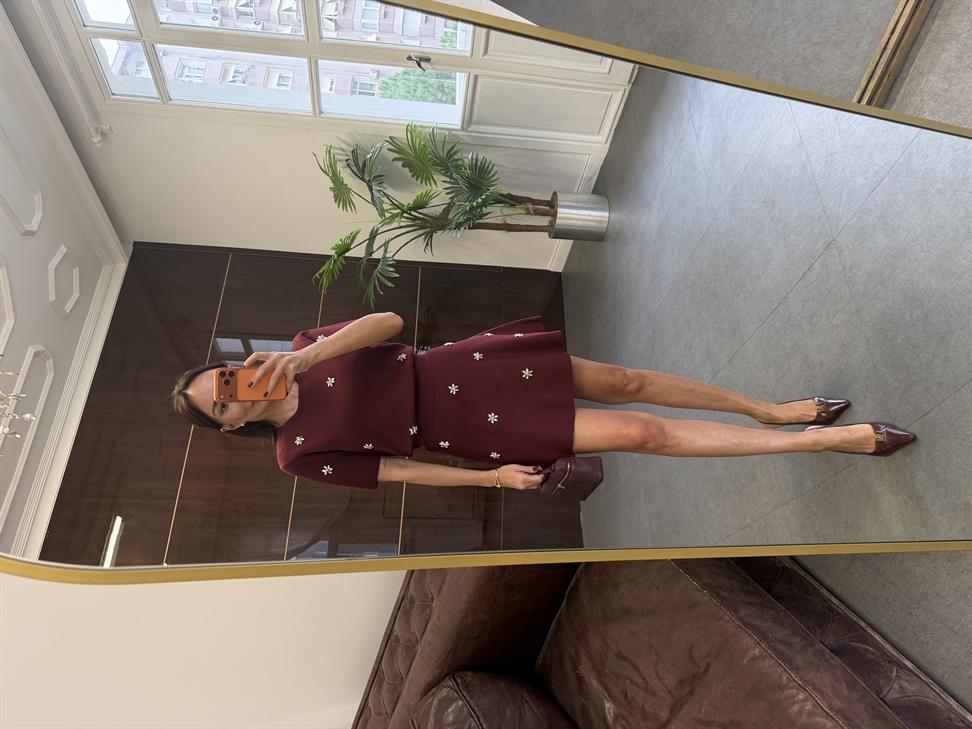 Bordo El İşi Taş İnci Nakışlı Triko Takım