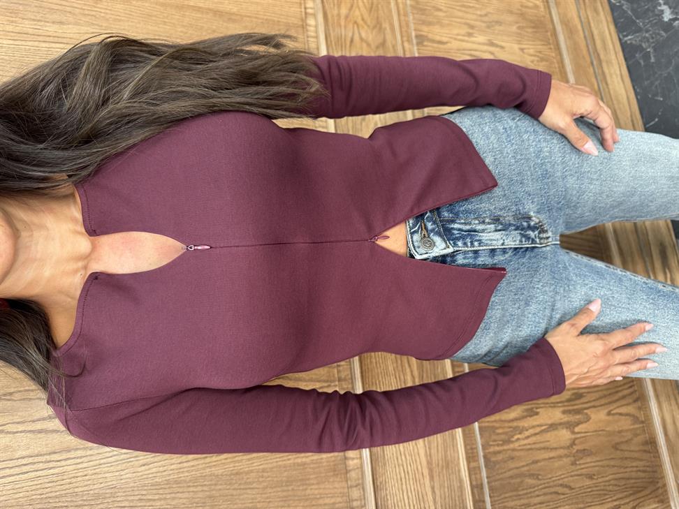 Bordo Fermuar Detaylı Uzun Kollu Top