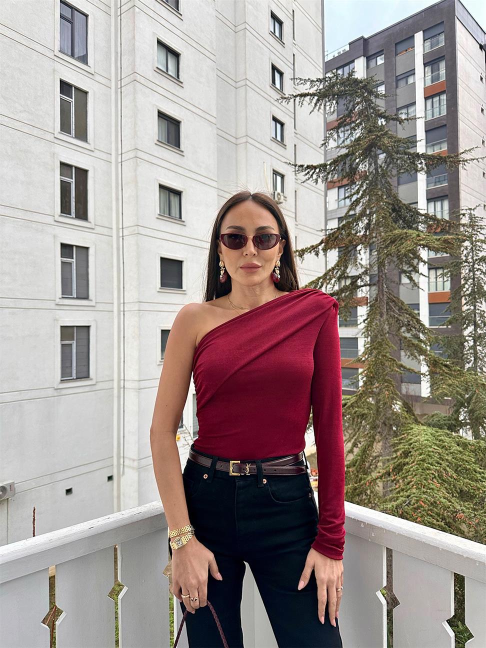 Bordo Geniş Drape Tek Kol Bluz