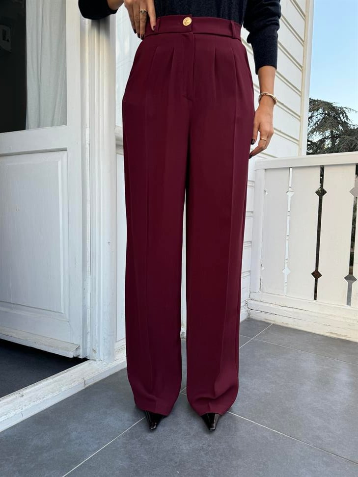 Bordo Gold Düğmeli Beli Lastikli Palazzo Pantolon