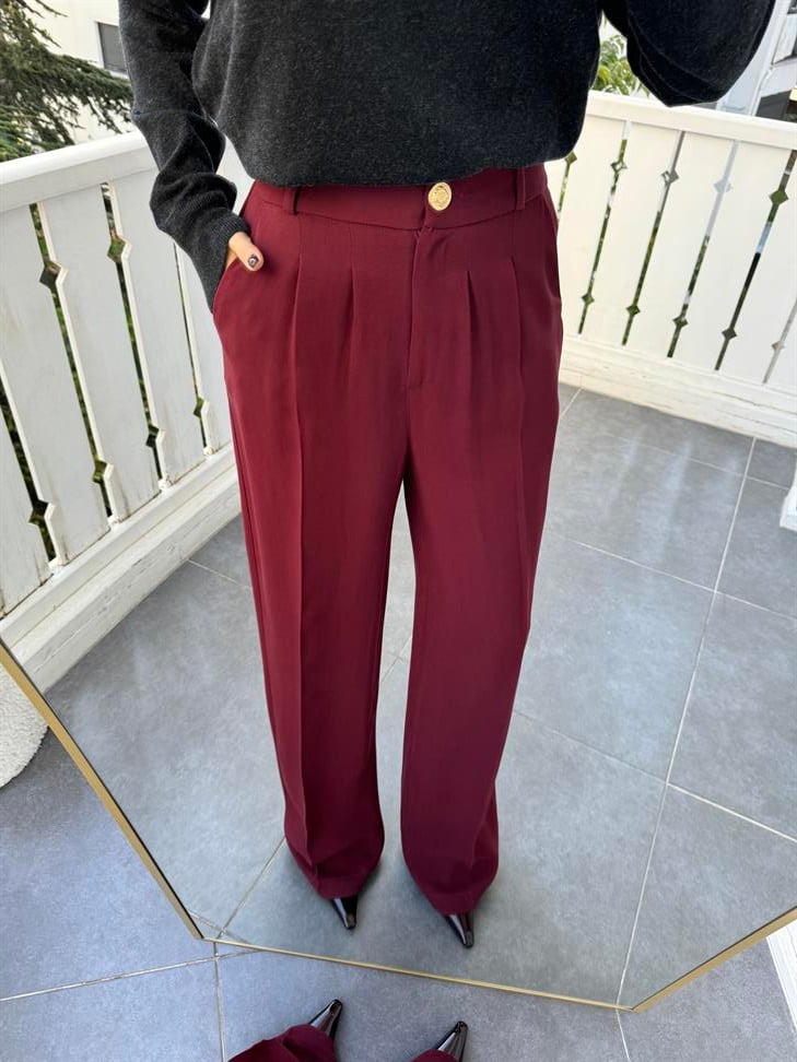 Bordo Gold Düğmeli Beli Lastikli Palazzo Pantolon