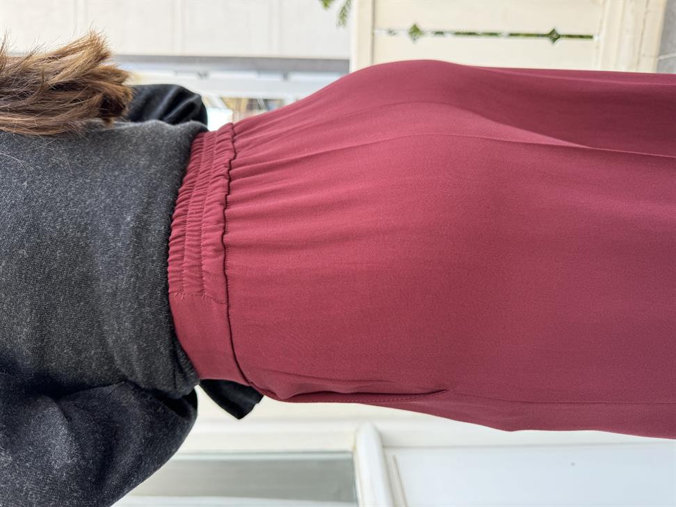 Bordo Gold Düğmeli Beli Lastikli Palazzo Pantolon