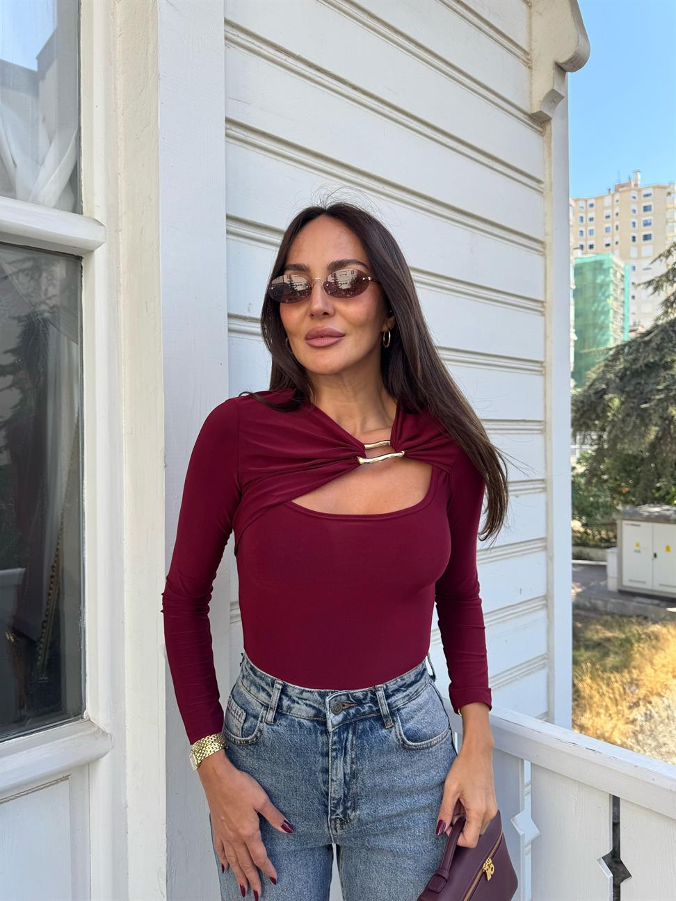 Bordo Gold Tokalı Bluz