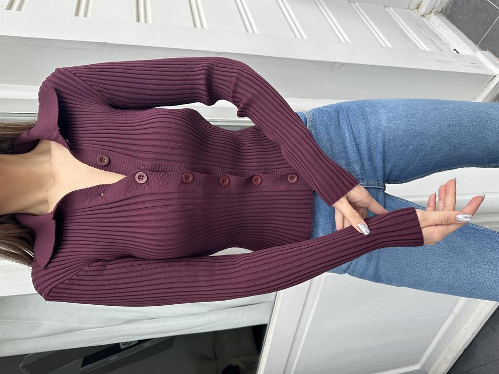Bordo Gömlek Yaka Hırka