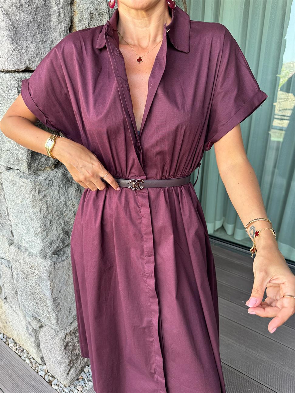 Bordo Gömlek Yaka Kemerli Midi Boy Elbise