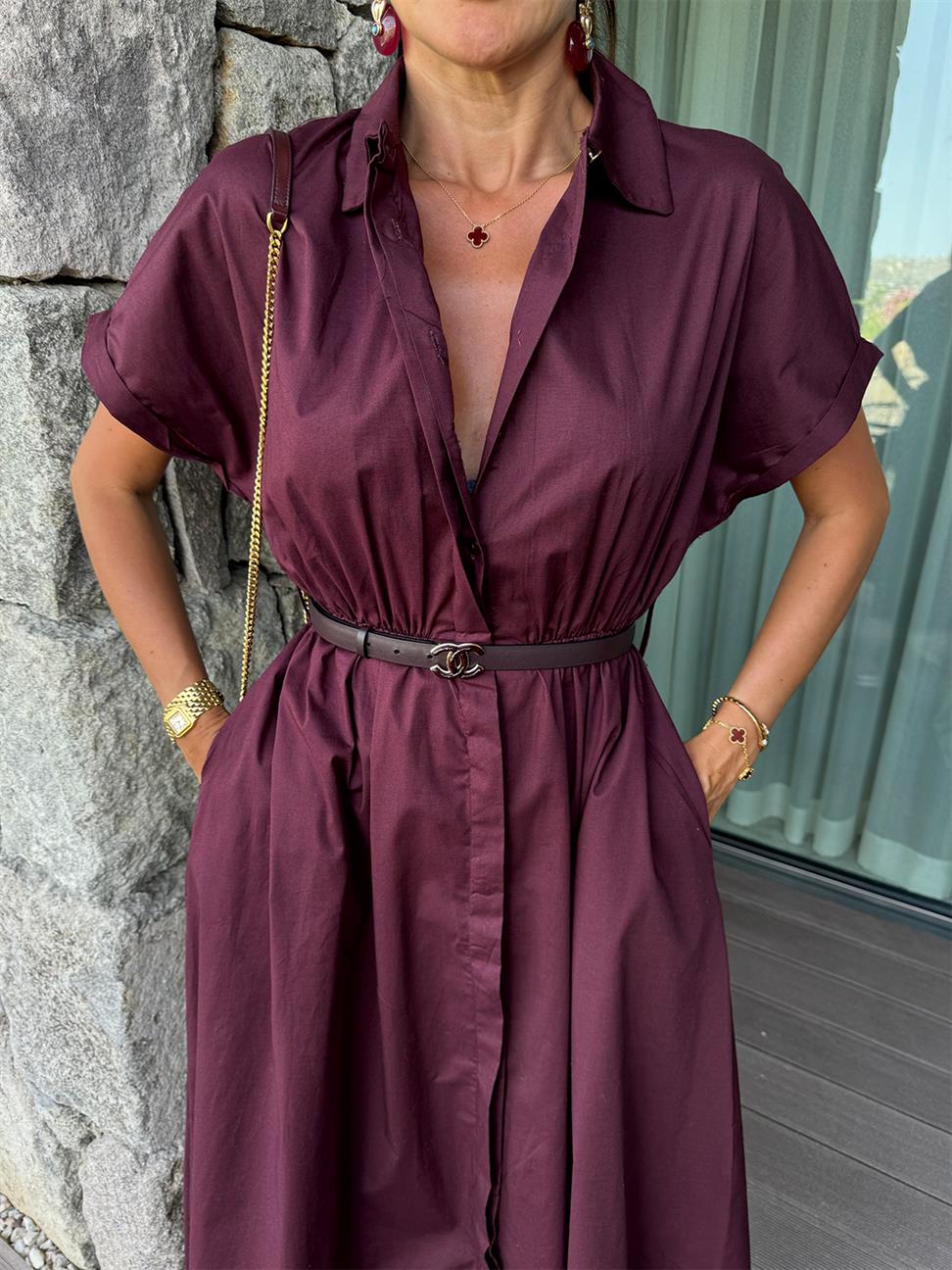 Bordo Gömlek Yaka Kemerli Midi Boy Elbise