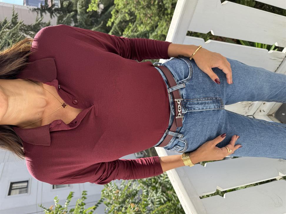 Bordo İnce Doku Polo Yaka Bluz