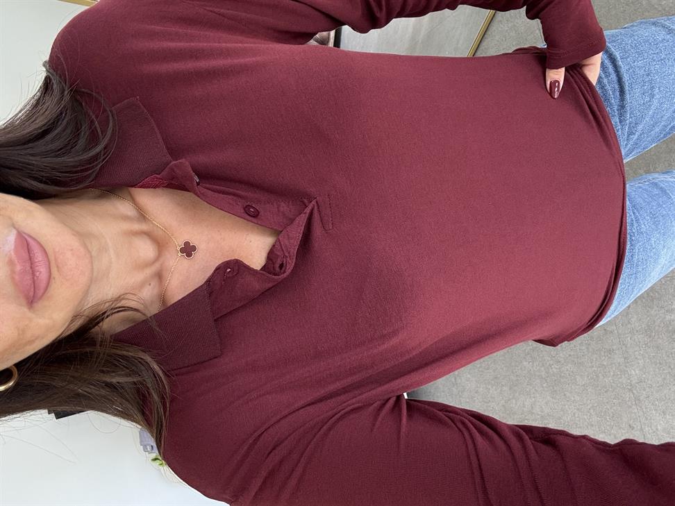 Bordo İnce Doku Polo Yaka Bluz