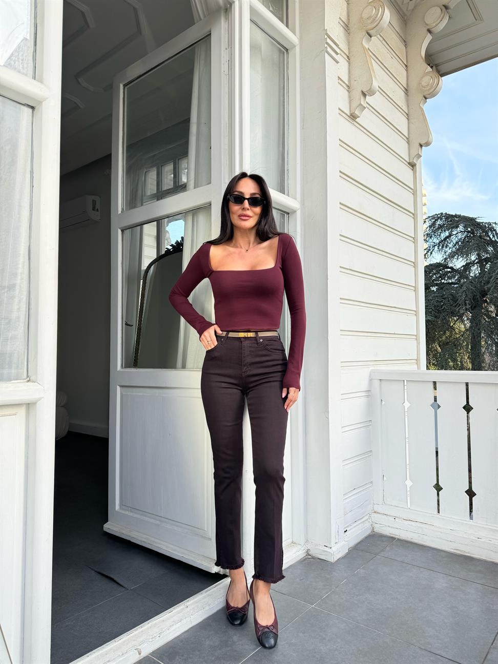 Bordo Kare Yaka Uzun Kollu Bluz