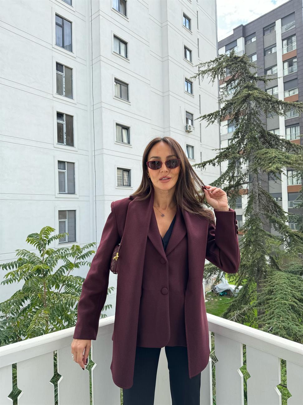 Bordo Kaşe Fular Detaylı Blazer