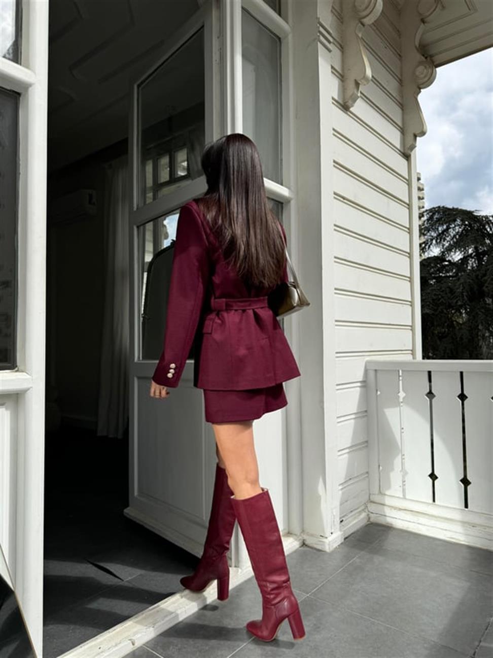 Bordo Kemerli Ceket Etek Takım