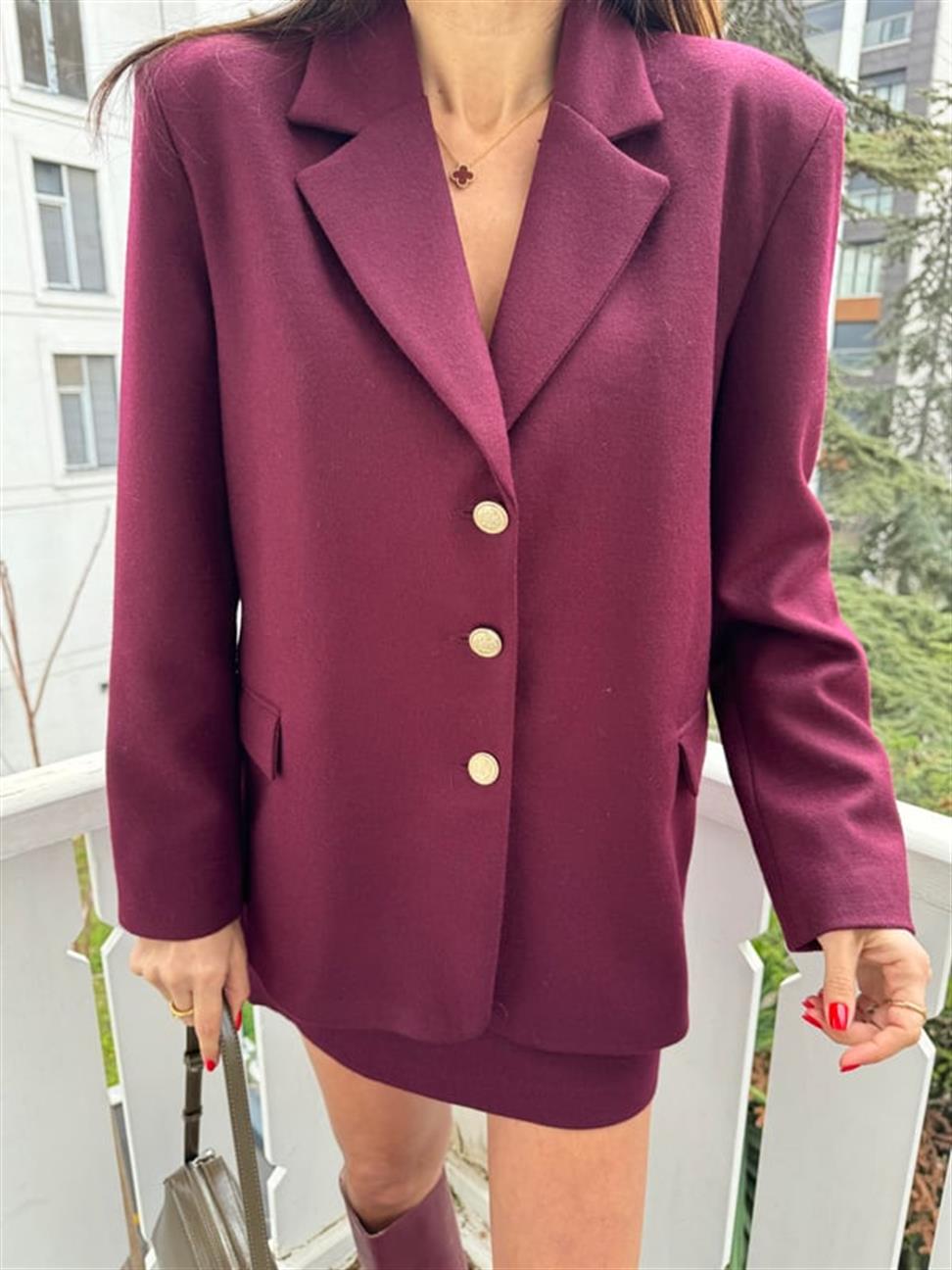 Bordo Kemerli Ceket Etek Takım