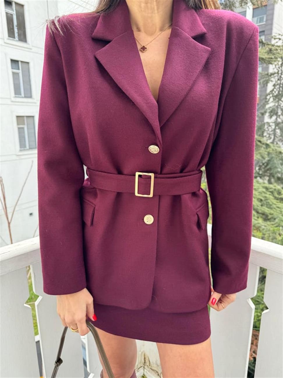 Bordo Kemerli Ceket Etek Takım