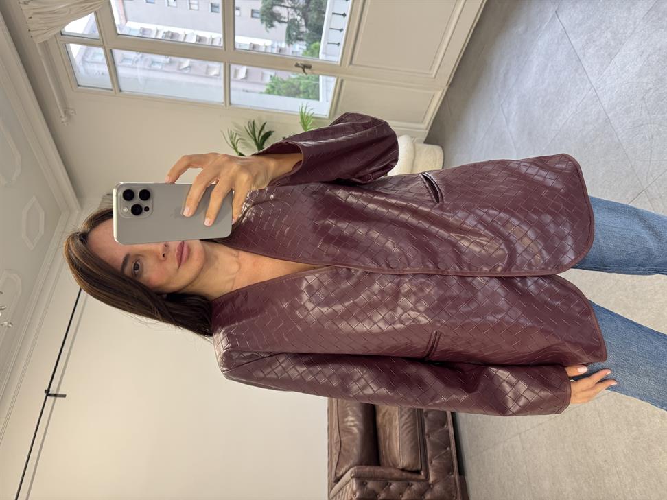Bordo Botte Bağlamalı Deri Blazer Ceket