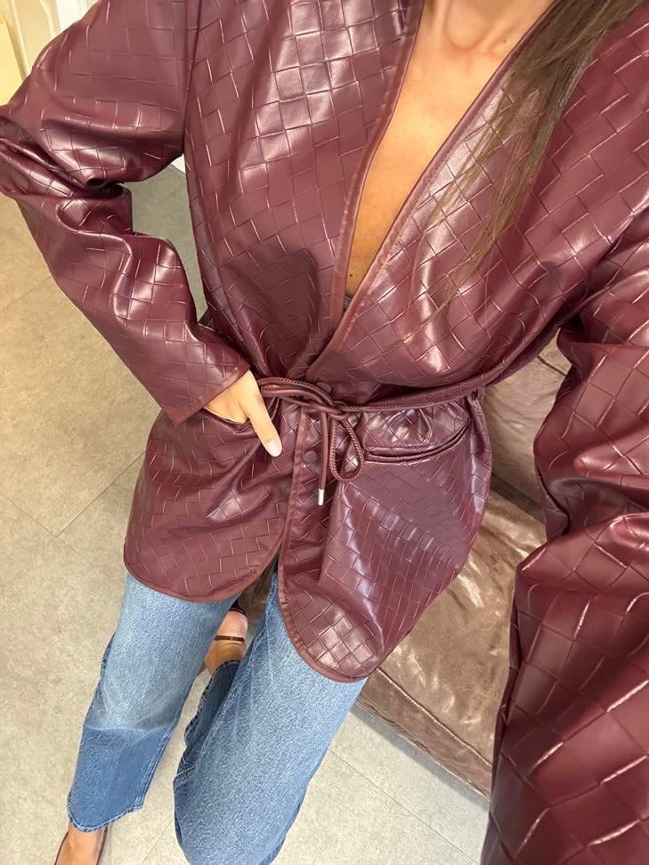 Bordo Botte Bağlamalı Deri Blazer Ceket