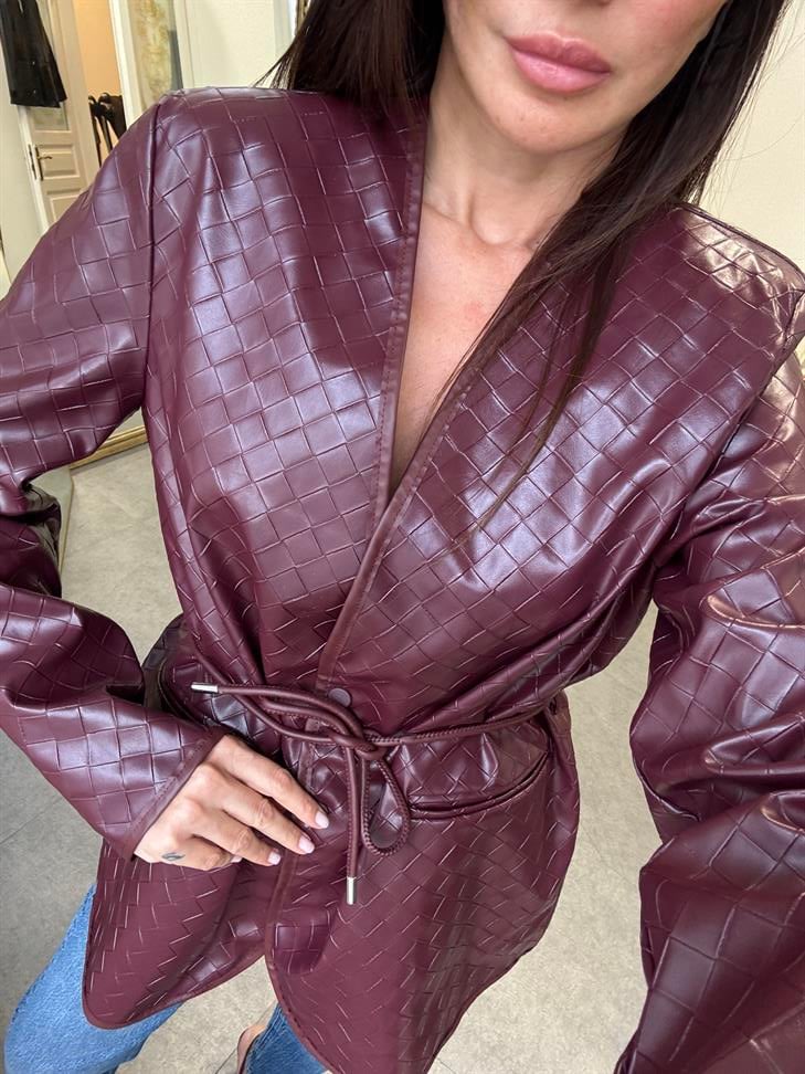 Bordo Botte Bağlamalı Deri Blazer Ceket