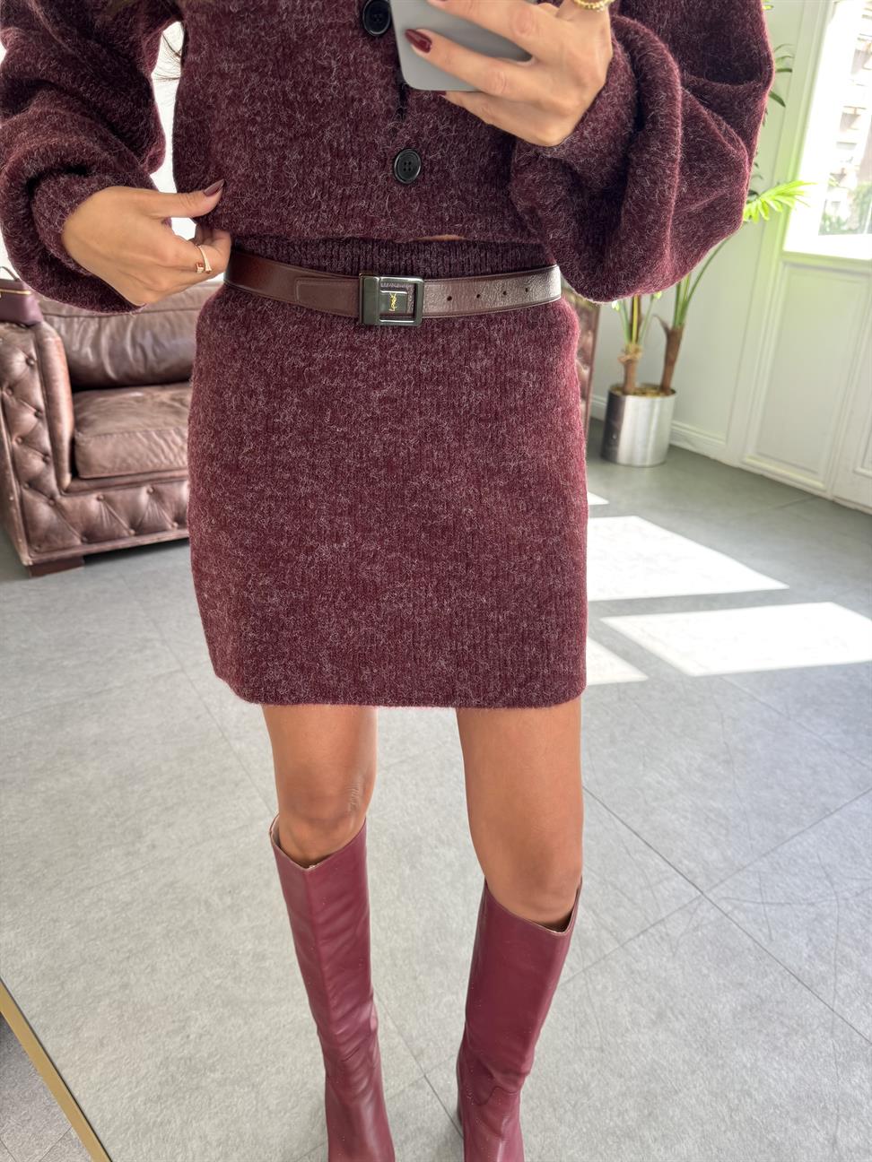 Bordo Kırçıllı Hırka Etek 2li Takım