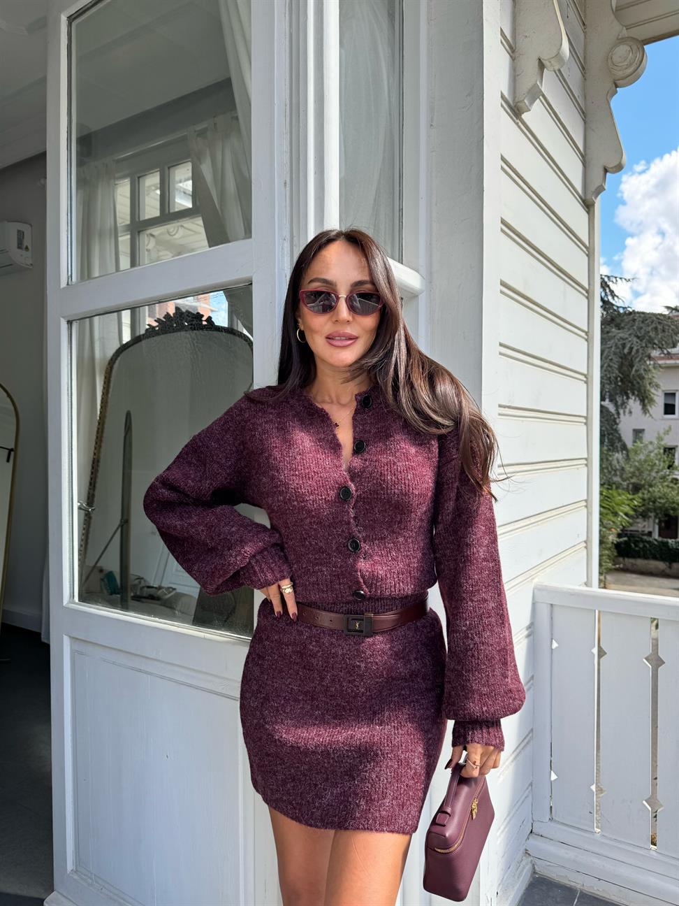 Bordo Kırçıllı Hırka Etek 2li Takım