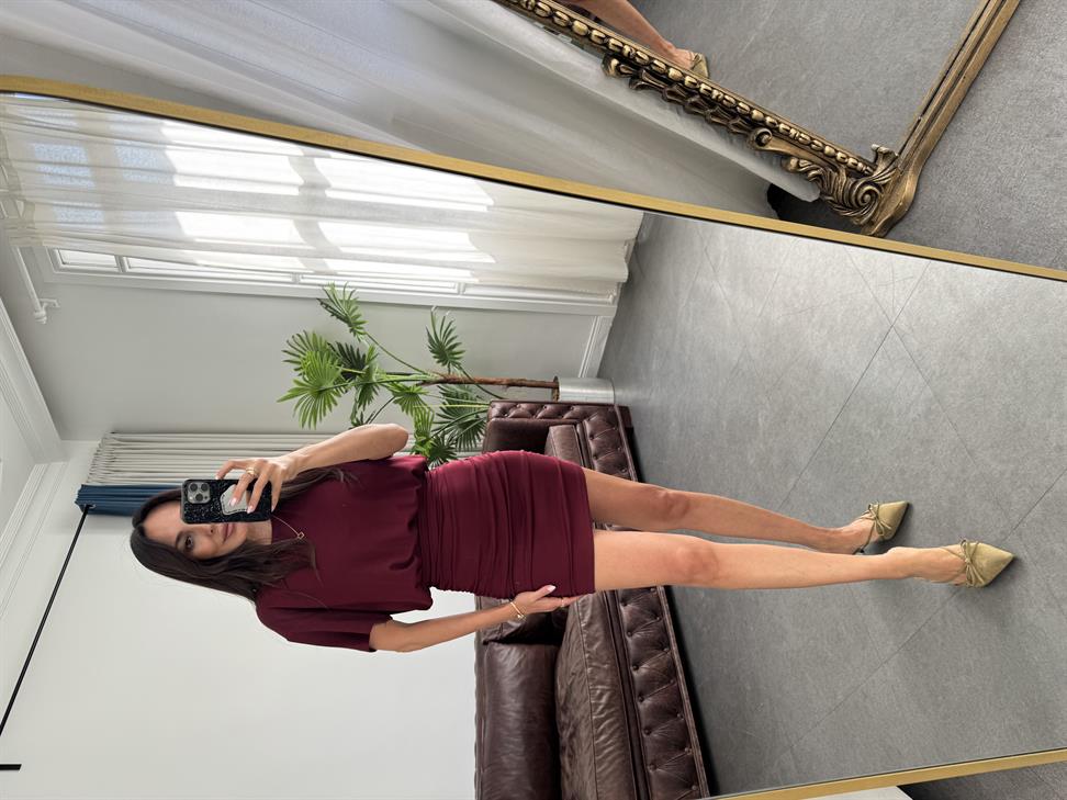 Bordo Kısa Kollu Drapeli Cotton Elbise