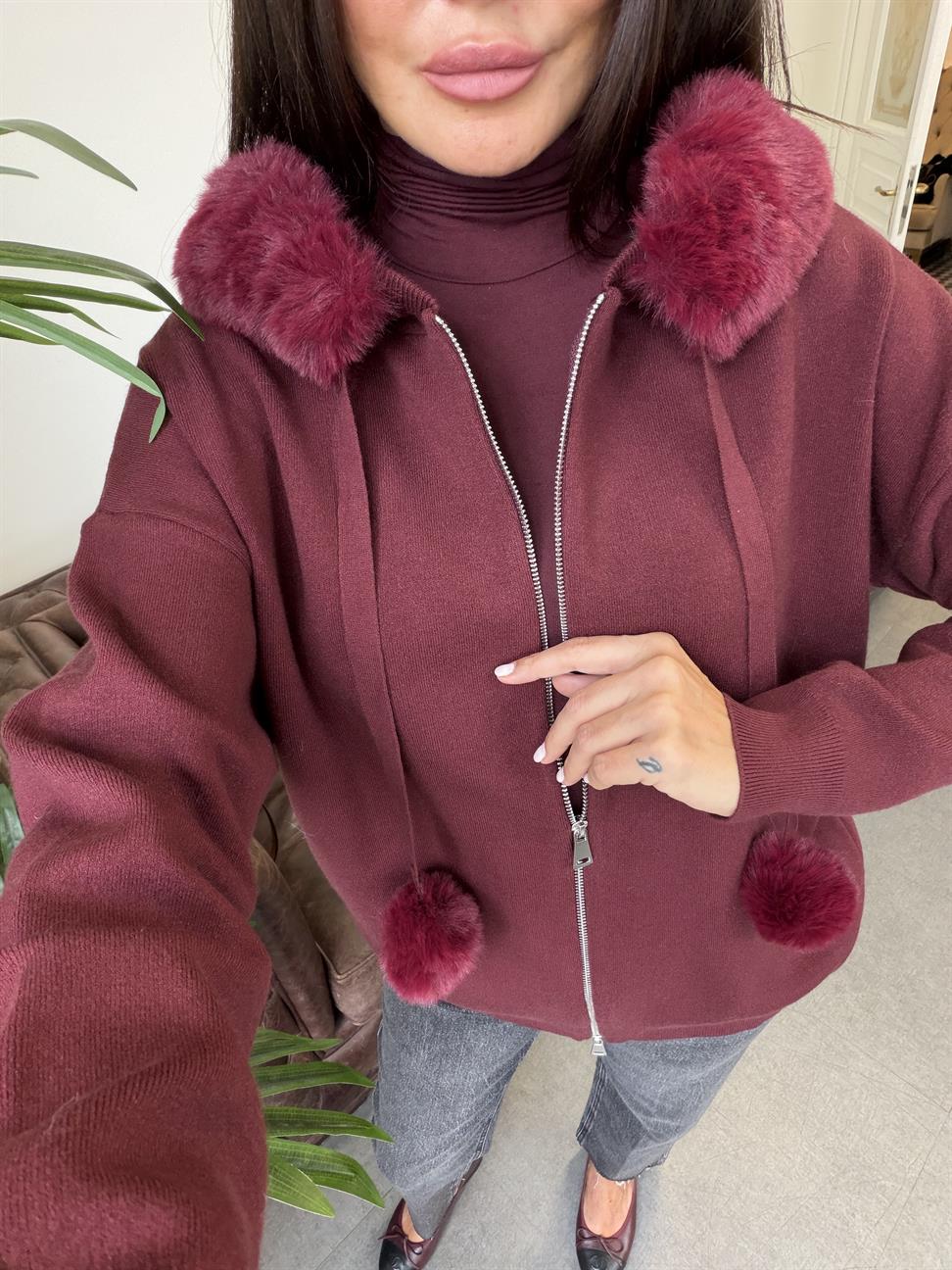 Bordo Korsman Kürklü Fermuarlı Kazak