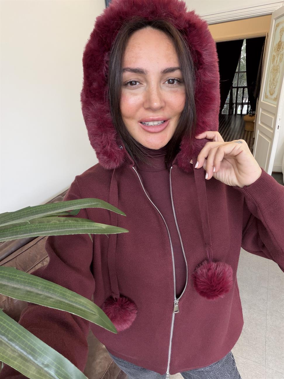 Bordo Korsman Kürklü Fermuarlı Kazak