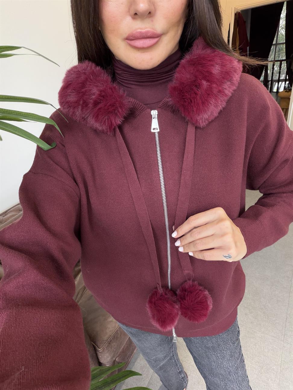 Bordo Korsman Kürklü Fermuarlı Kazak