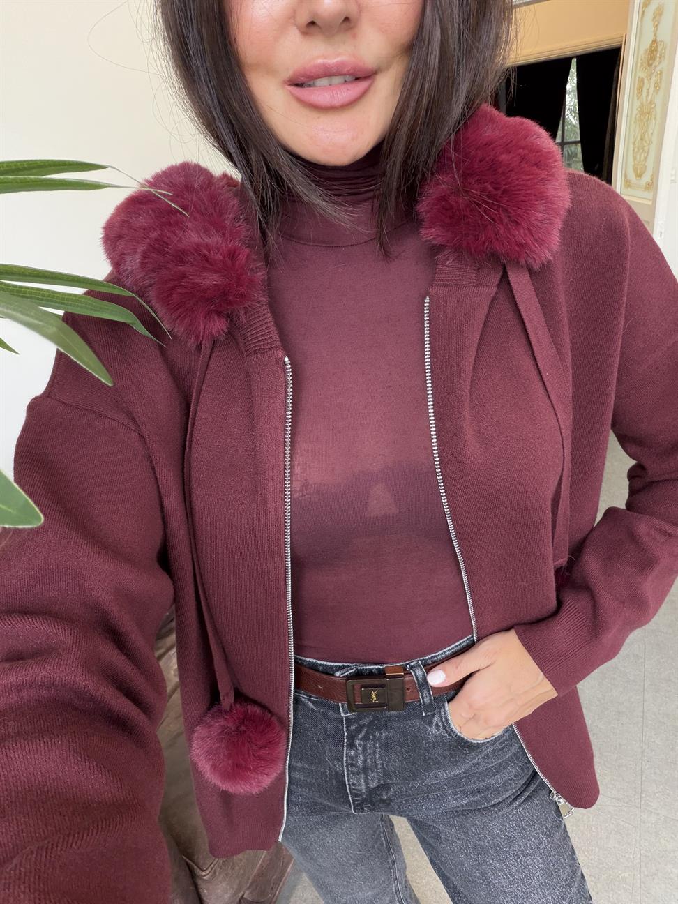 Bordo Korsman Kürklü Fermuarlı Kazak