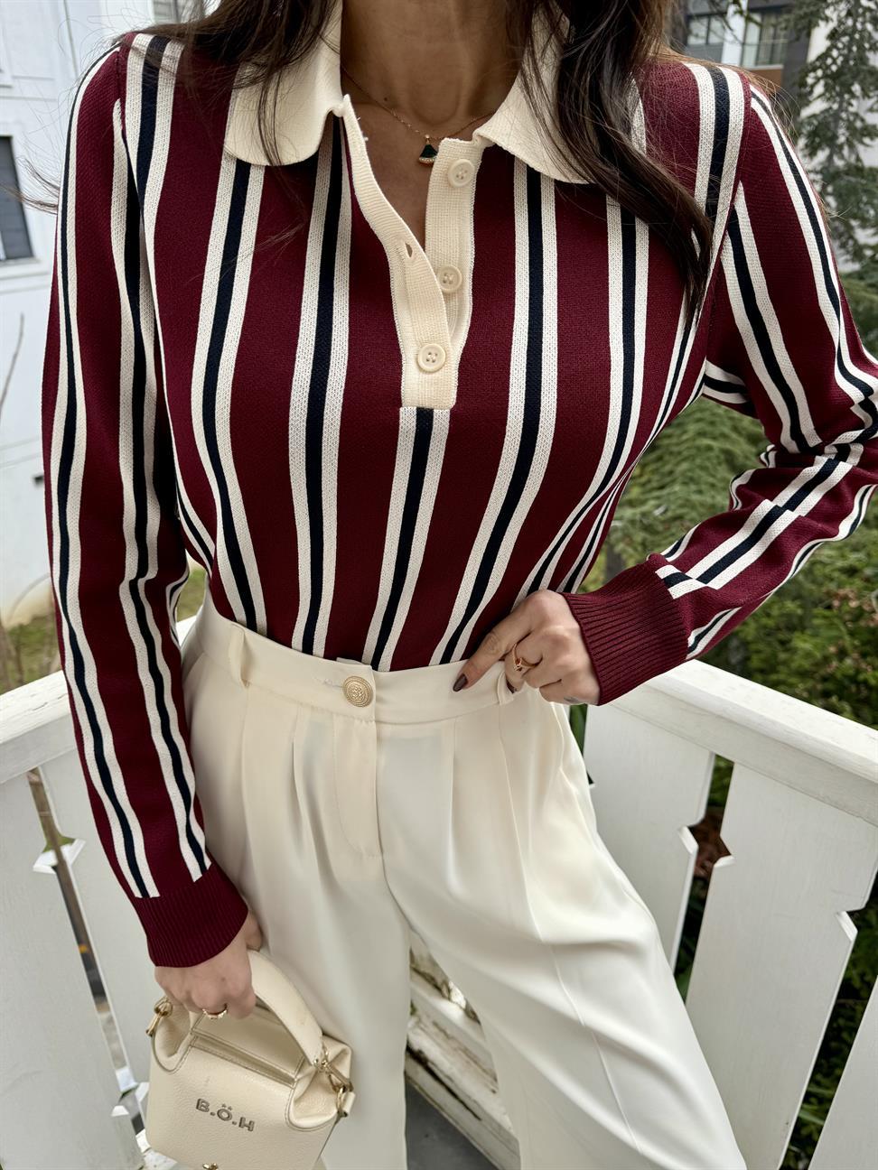 Bordo-Krem Polo Yaka Çizgili Düğmeli İnce Triko Kazak