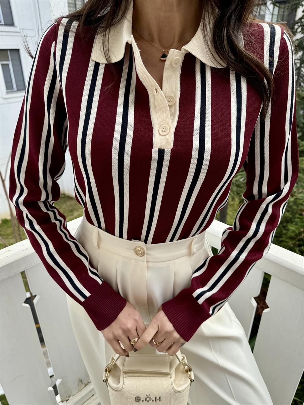 Bordo-Krem Polo Yaka Çizgili Düğmeli İnce Triko Kazak