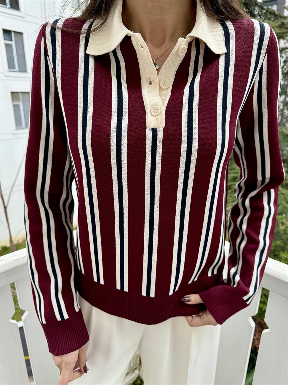 Bordo-Krem Polo Yaka Çizgili Düğmeli İnce Triko Kazak