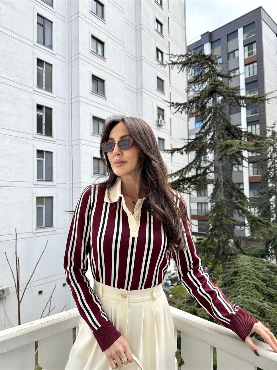 Bordo-Krem Polo Yaka Çizgili Düğmeli İnce Triko Kazak