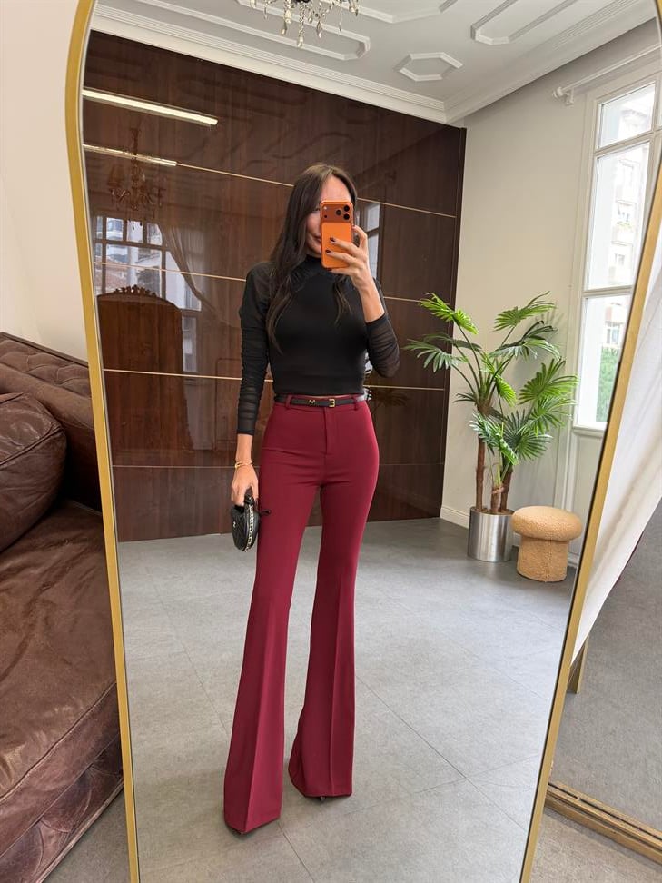 Bordo Likralı İspanyol Paça Kumaş Pantolon