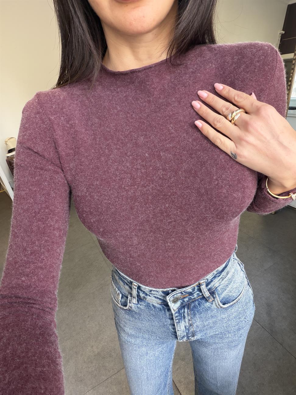 Bordo Melanj Dik Yaka Kaşmirli Ultra Hafif Triko Kazak