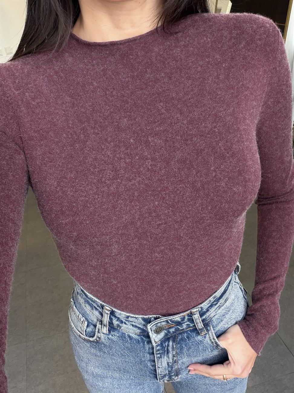 Bordo Melanj Dik Yaka Kaşmirli Ultra Hafif Triko Kazak