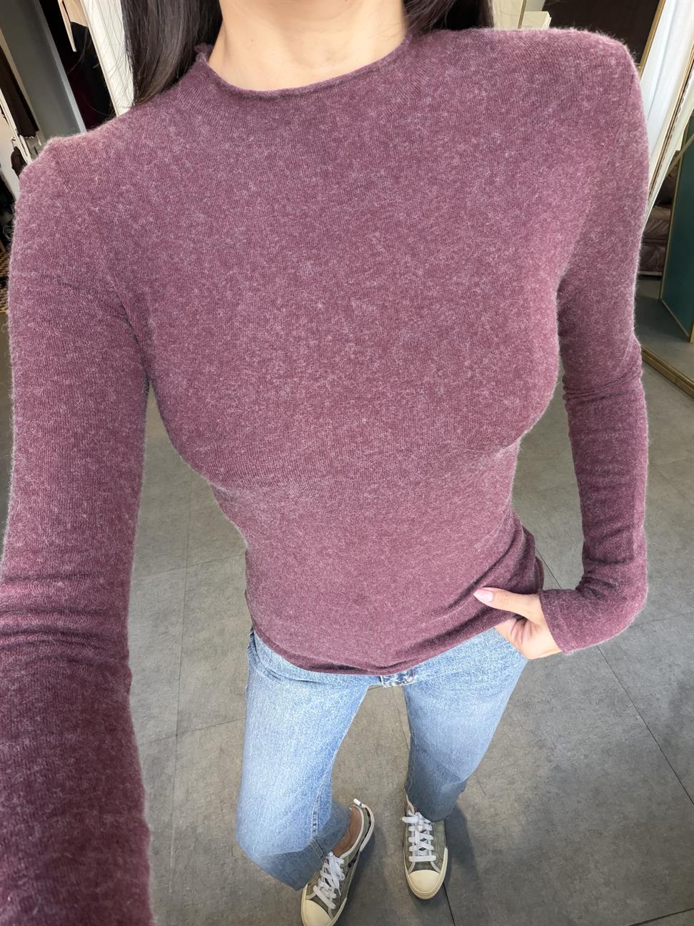 Bordo Melanj Dik Yaka Kaşmirli Ultra Hafif Triko Kazak