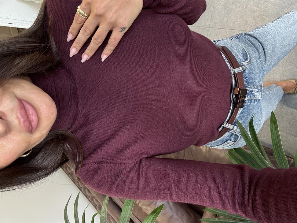 Bordo Melanj Dik Yaka Yünlü Yumuşak İnce Dokulu Triko Kazak