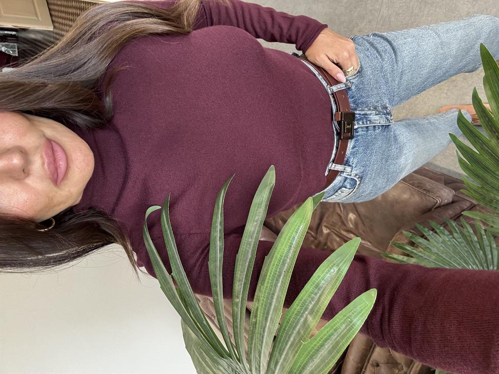 Bordo Melanj Dik Yaka Yünlü Yumuşak İnce Dokulu Triko Kazak