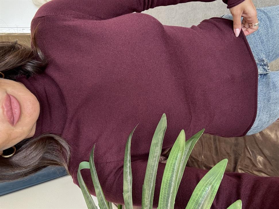 Bordo Melanj Dik Yaka Yünlü Yumuşak İnce Dokulu Triko Kazak