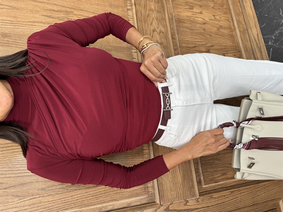 Bordo Omuz ve Bel Pile Bluz