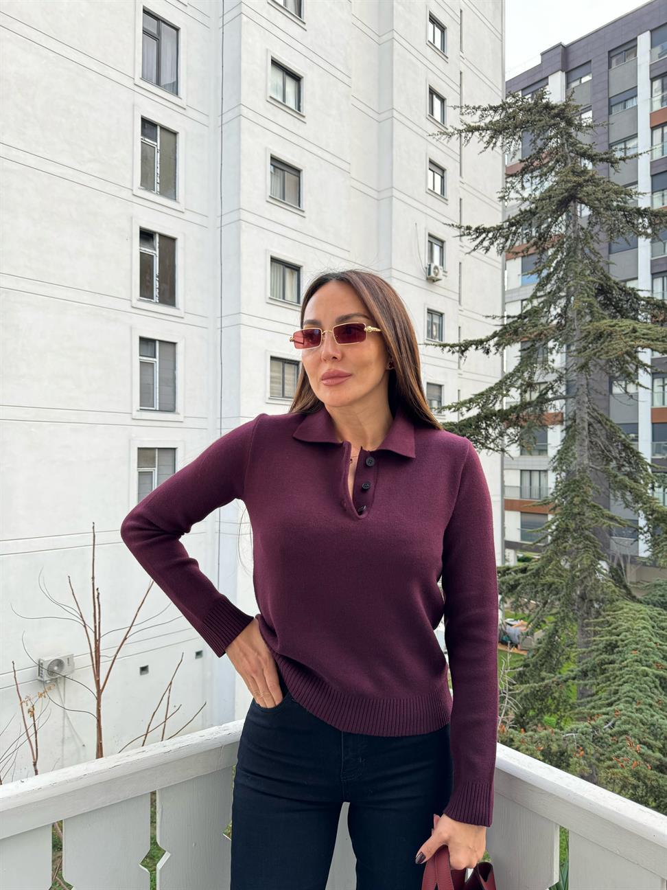 Bordo Önü 3 Düğme Polo Yaka Kazak