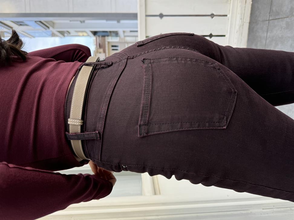 Bordo Paçası Püsküllü ve Yırtmaçlı Jean Pantolon