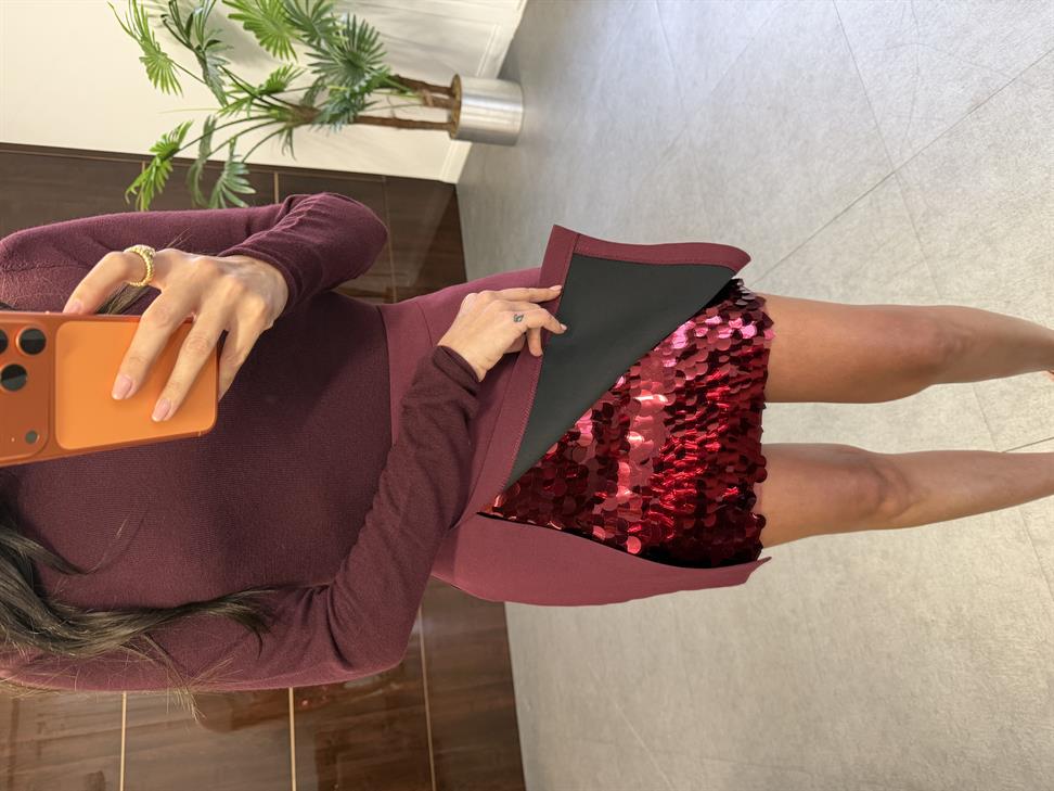 Bordo Payet Detaylı Mini Etek